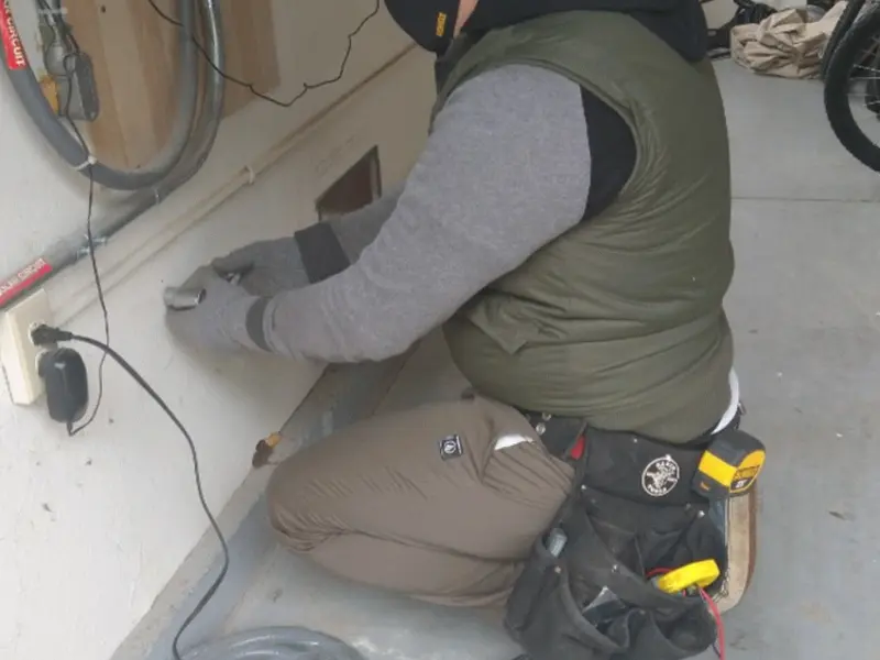 Electrician performing outlet wiring in a Perris garage